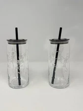 2 PACK Halloween Dancing Skeleton Glass Sipper Cups 20oz For Cold Drinks NIB