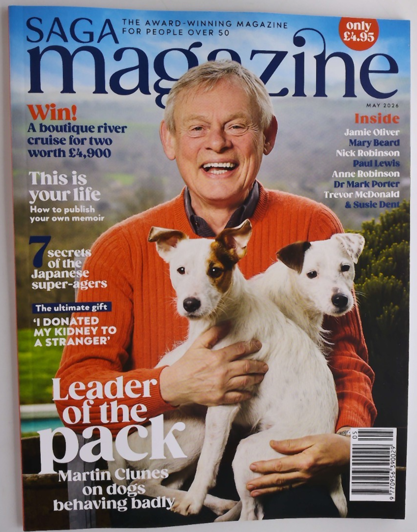 Saga magazine May 2026 Martin Clunes on dogs behaving badly + Jamie Oliver