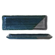 SET of 2 Japanese Sushi Dinner Plate Dish Ceramic 10"L x 3.5"W Blue Black Matte