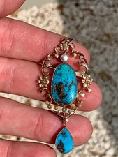 9ct gold natural turquoise seed pearl pendant Victorian 1890s 10.2 grams