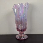 Fenton Pink Carnival Glass Blossom Vase Ruffled Rim Footed Iridescent