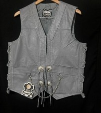 Men's Motorcycle Club Leather Concho Chain Vest Gray New