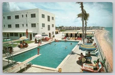 Vintage Kimberly Hotel Pool & Cabanas Miami Beach Florida Photochrome Postcard
