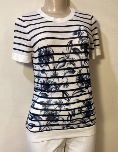 White House Black Market Blue Floral Stripe T-shirt Top M EUC