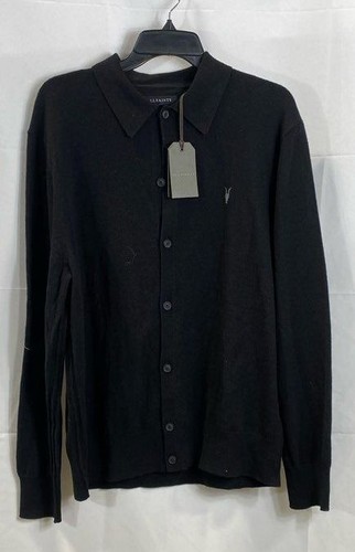 AllSaints Mens Black Solid Recycled Button Up Cardigan Sweater Large NWT