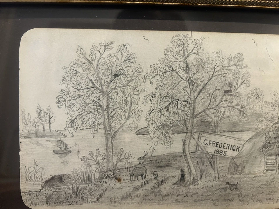 Dibujo de arte popular americano del siglo XIX firmado y fechado en 1885 Foto 3 de 4