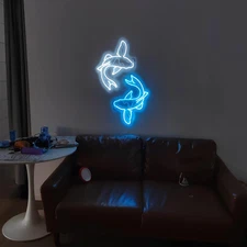 Koi Fish Neon Sign, Ice Blue and White, Decorative Signage, 14''