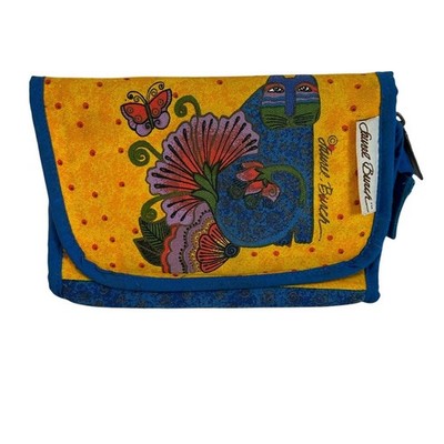 Laurel Burch Cat blue yellow zippered mirror cat pouch Preowned