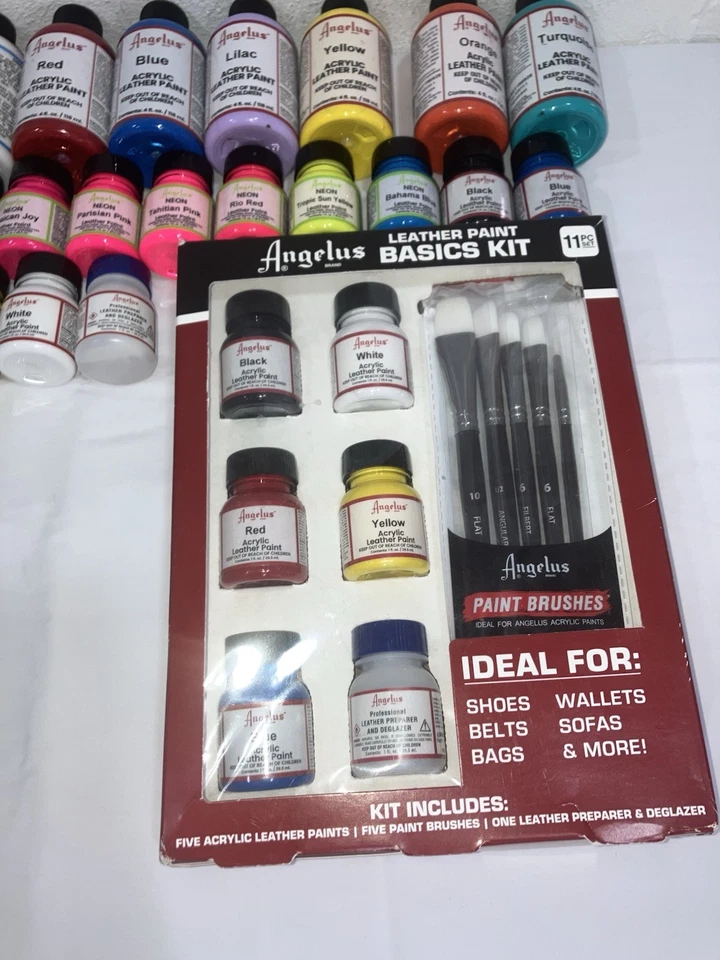 Angelus Acrílico Cuero Pintura Zapato Zapatilla Pintura 4 Oz, 1 Oz, Kit Básico Lote 31 Nuevo Foto 2 de 4