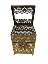 Vintage MCM Gold Tissue Box Holder Hollywood Regency Metal Filigree Hinged *read