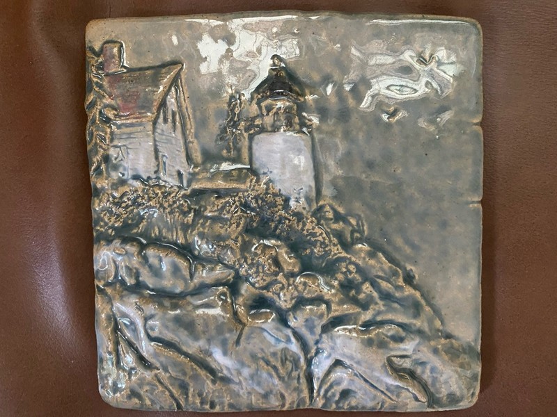Vintage handmade New England nautical ocean lighthouse large pottery tile trivet