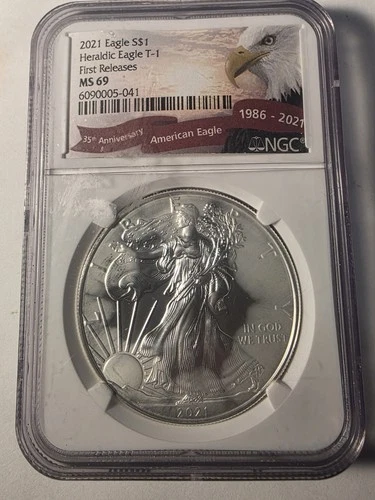 2021 T-1 Silver Eagle NGC MS-69 Milk Spots-Holder Issue Brown Label- 1 OZ Pure
