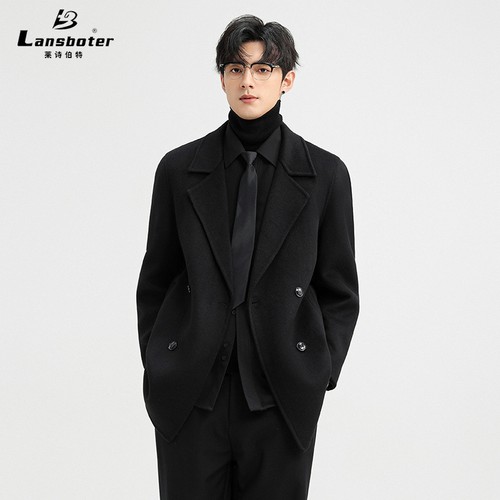Man's Short Double-breasted Woolen Overcoat Windbreaker New Warm Woolen Coats - Picture 3 of 26