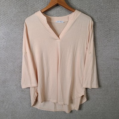 Poetsky Shirt Womens Large Peach V Neck Roll Tab Sleeve Rayon Spandex Casual