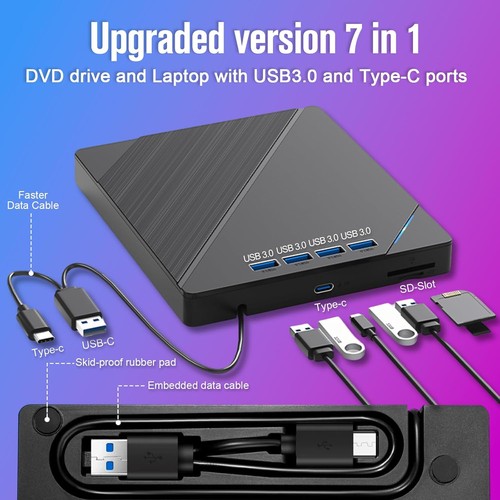 7 in 1 Externes CD/DVD Laufwerk USB 3.0 Brenner Player für PC Laptop Windows Neu - Afbeelding 4 van 12