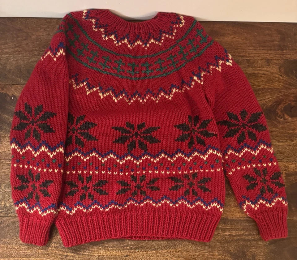 Suéter tejido a mano Fair Isle vintage rojo grueso de gran tamaño Navidad grande años 90 80 Foto 3 de 4