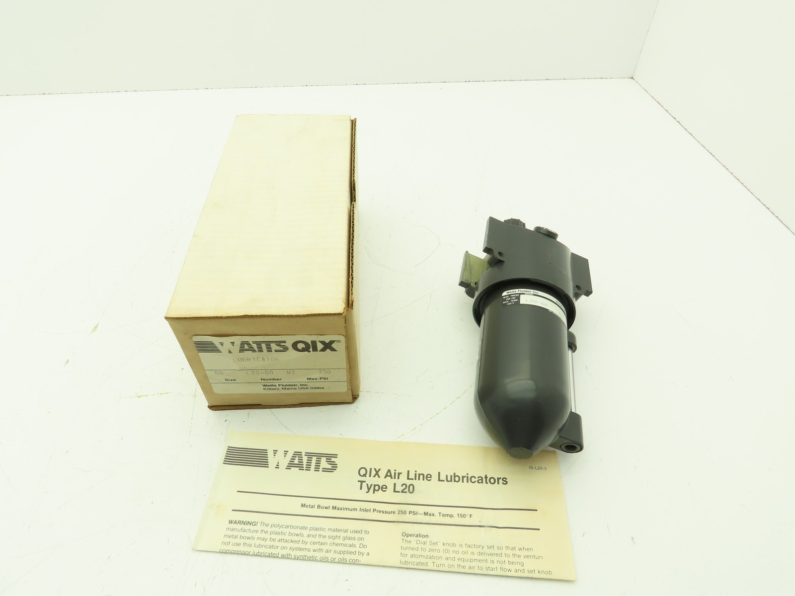 Watts L20-00 Pneumatic Air Line Lubricator 250 PSI QIX Ports 1/4"-1"