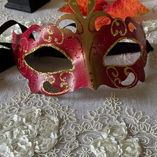 La Maschera del Galeone Venetian Hand Painted Red/Gold Glitter Half Eye Mask
