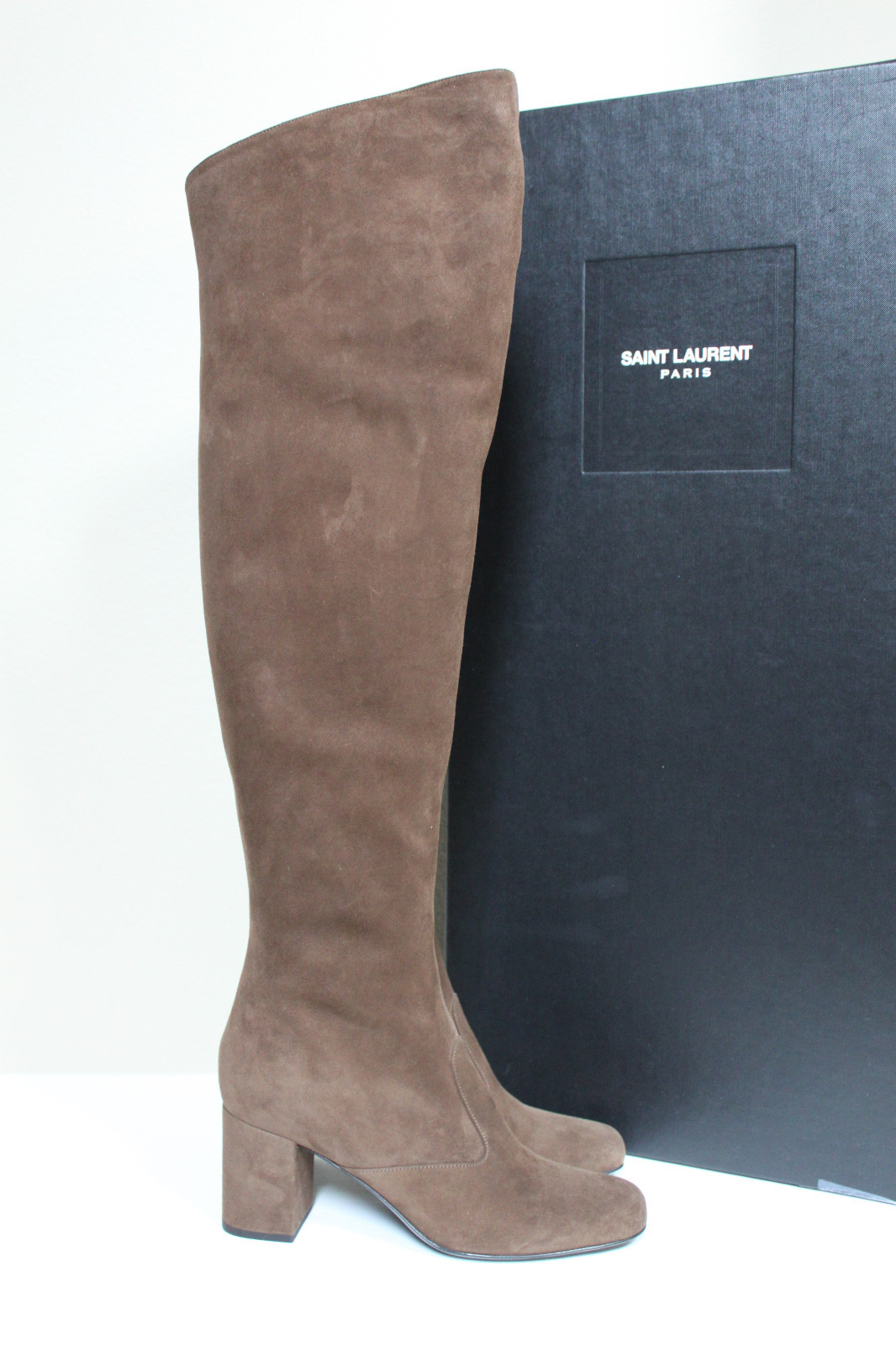 Scarpe tacco blocco stivali sopra il ginocchio scamosciati marroni Saint Laurent taglia 6 5 37 nuovi