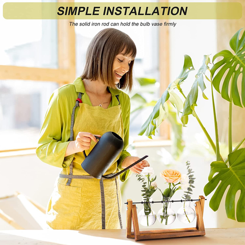 Plant Terrarium with Wooden Stand, Air Planter Bulb Glass Vase Metal Swivel Hold - Picture 4 of 6