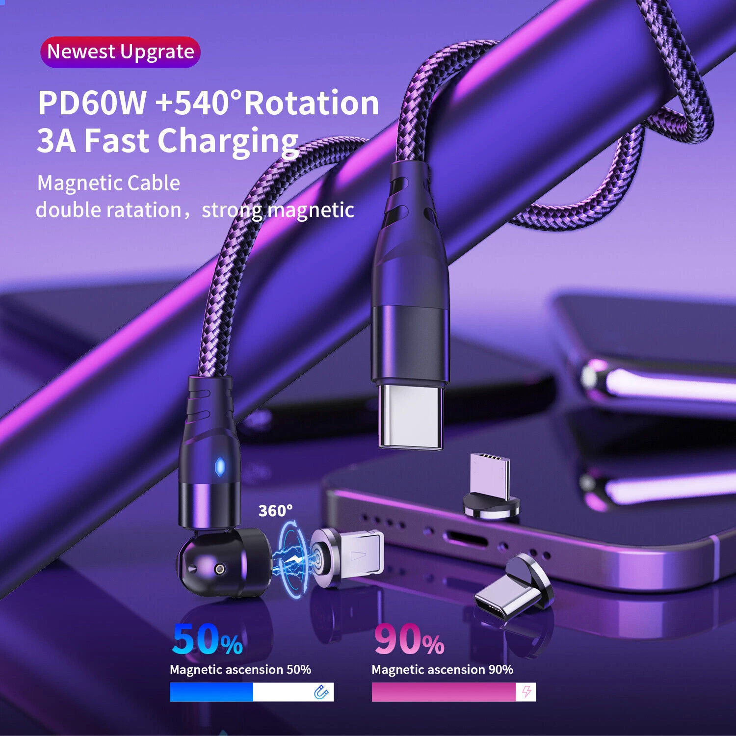 Magnetic PD 60W To Type C Micro USB 3A Fast Charging Cable Data Sync Cord_voghion.com