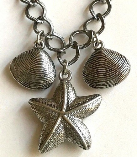 Silver Sea Life Necklace 20" Chain Pendant Starfish Shells Island Beach Plated - Picture 6 of 11