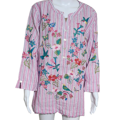 NEW John Mark Tunic XL Yarn Dye Stripe Floral Embroidered Beaded Split Neck 