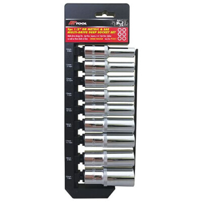 PT10311 - PkTool - 9pc 1/2'' DR METRIC & SAE CR-V MULTI-DRIVE DEEP SOCKET SET
