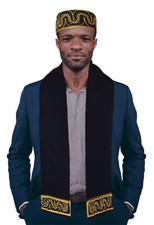 Black and Gold Embroidered African Hat and Sash/Scarf