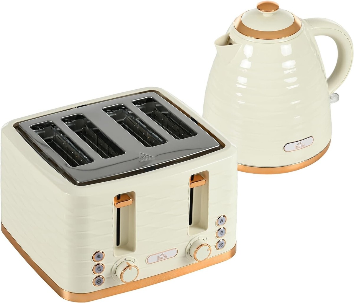 Kettle Slice Toaster Set Rapid Boil Glossy Beige with Gold Rim 3000W  L New