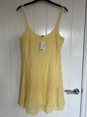 Womens H&M Yellow Crinkle Strappy Summer Dress Size UK