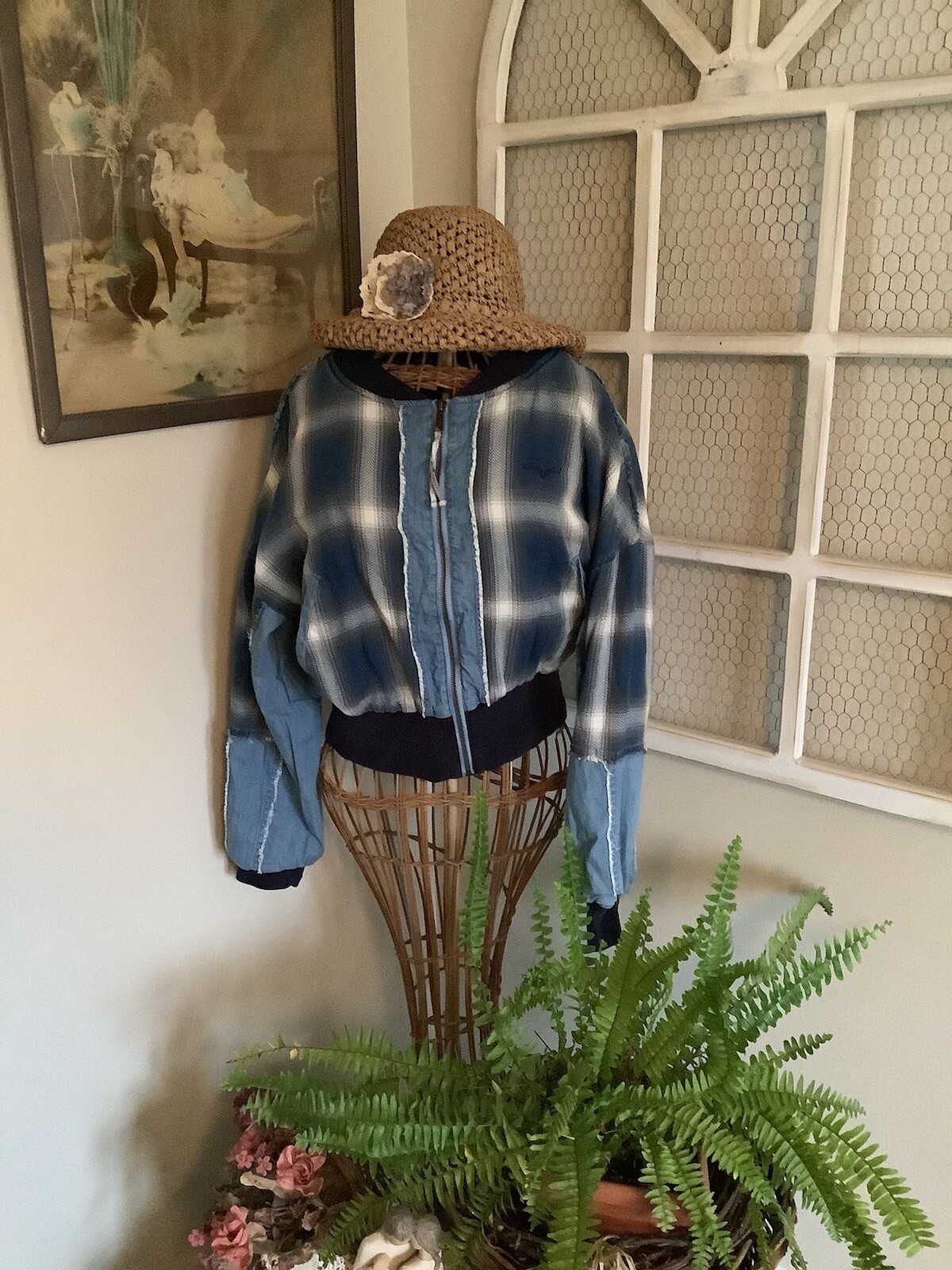 EUC Kimes Ranch Denim Patchwork Plaid Jacket West… - image 1