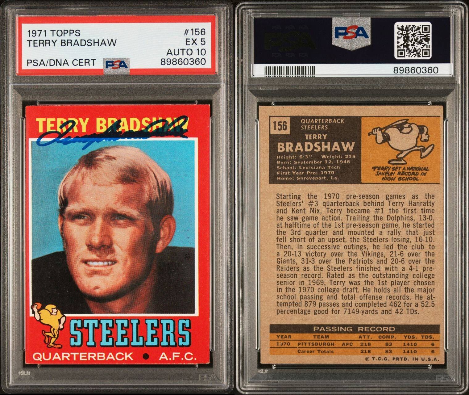 1971 Topps Autographed Terry Bradshaw Rookie Card PSA 5 DNA AUTO 10 #89860360 view 3