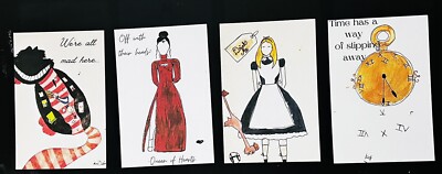 Alice In Wonderland Set Of Paintings, Cheshire Cat, Clock, Queen Of Hearts