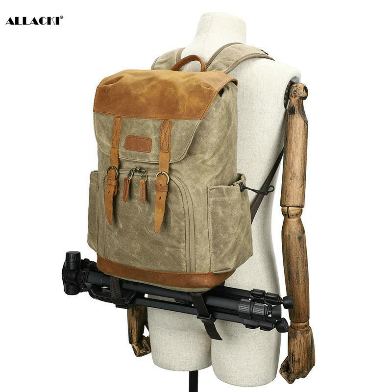 Mochila de cuero de lona bolsa para cámara SLR impermeable a prueba de golpes Allacki Foto 2 de 4