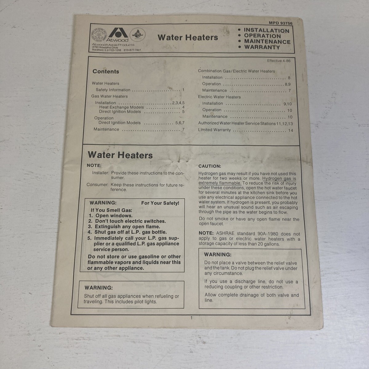 Atwood Water Heaters MPD 93756 Paperback Manual Installation 1986 ,  Operation…. | eBay