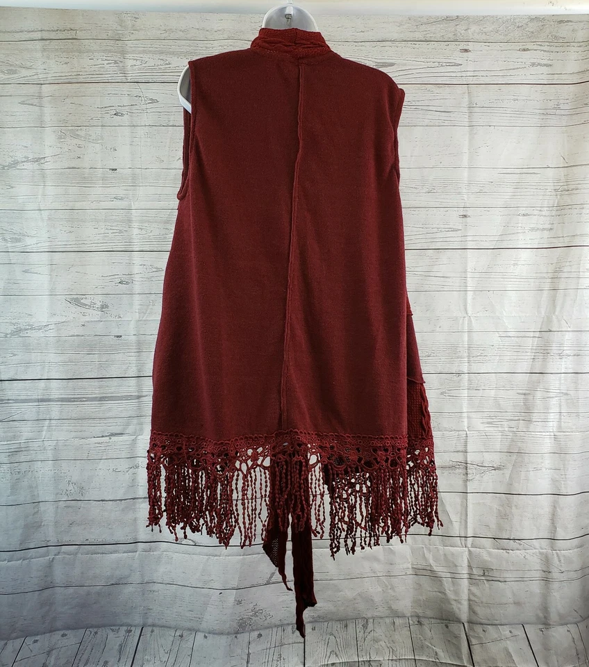 Chaleco Suéter Pretty Angel Mujer Talla Pequeña Rojo Oscuro Flecos Mezcla de Lino Sin Mangas Foto 2 de 4