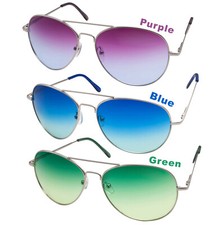 COLOR TINT LENS AVIATOR SUNGLASSES Silver Chrome Metal Frame With Spring Hinges