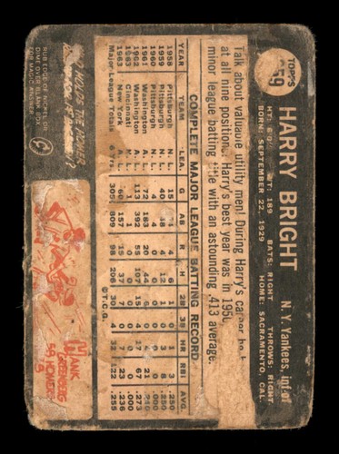 1964 Topps Venezuelan - Harry Bright - Poor - Creased and Paper Loss Back - Picture 2 of 2