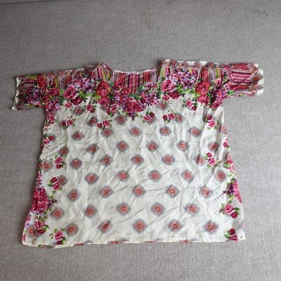 Johnny Was Womens Top XS Beige Floral Short Sleeve 100% Silk Secret Garden Rose