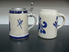 2 x Bierkrug Bierseidel  Steinzeug Blaumalerei Zinndeckel Salzglasur 0,5 ltr.