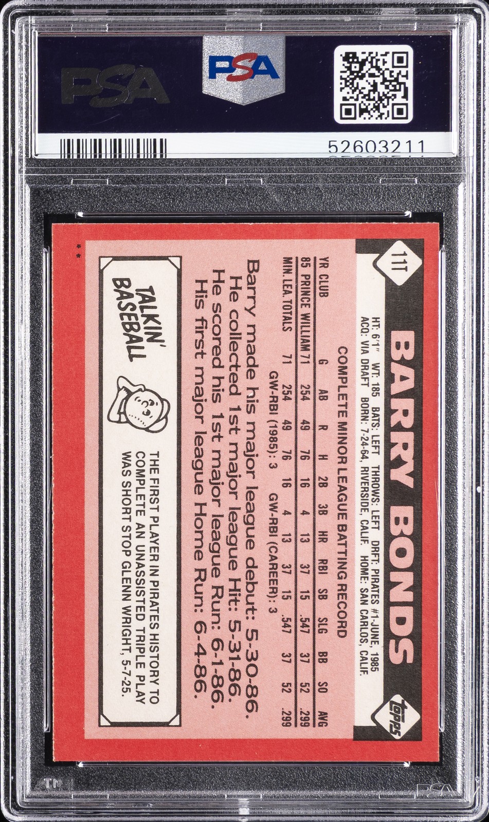 1986 TOPPS TRADED #11T BARRY BONDS ROOKIE RC PSA 9 view 2
