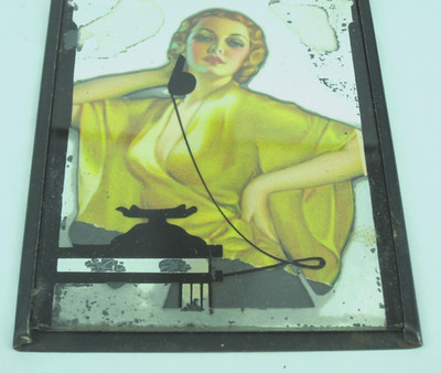 1930s art deco WEIDNER'S PONTIAC car Phone Woman ROG glass hanging mirror sign