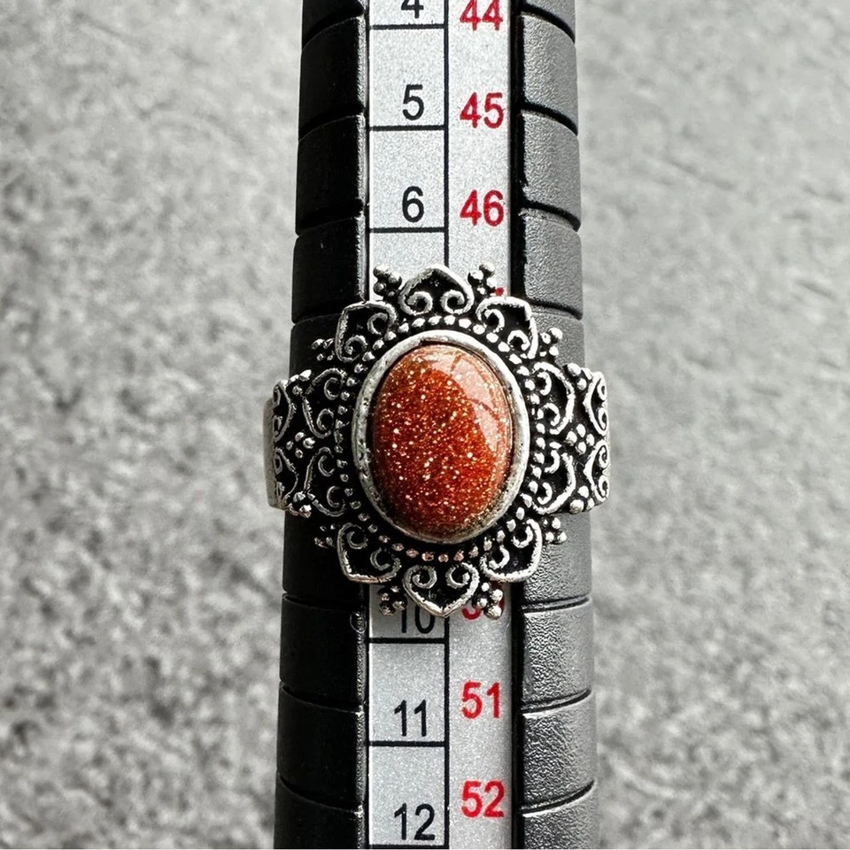 Novo na Caixa Anel Declaração Boho Banda de Filigrana Prata Pedra Dourada Marrom Tamanho 4.5 - Imagem 3 de 4