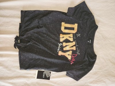 DKNY Girls Dark Charcoal Heather Logo Tie Front T-Shirt Size L (12) Short Sleeve