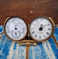 Stazione Metro Da Tavolo Vintage Igrometro Termometro Orologio Ottone Alluminio 