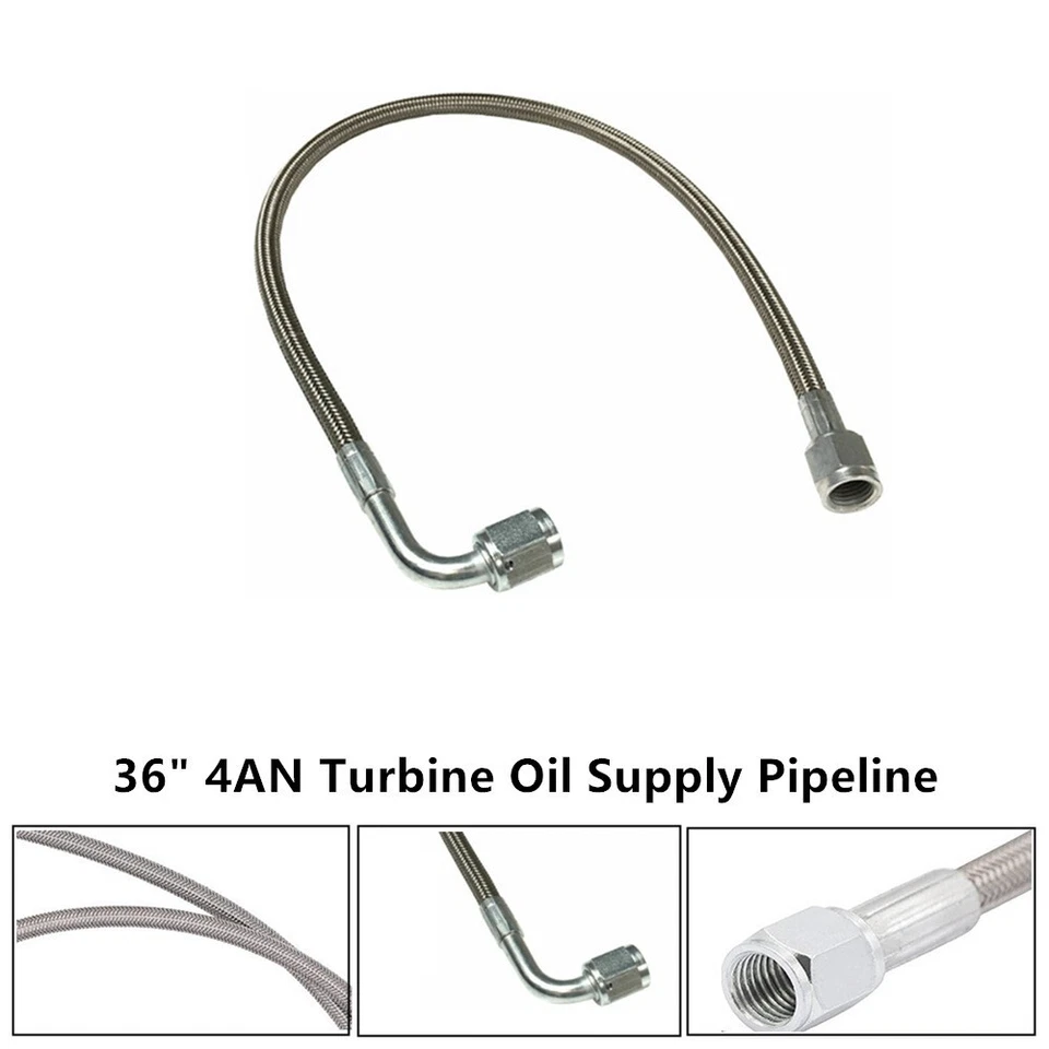 90° 4AN Car Turbo Oil Feed Line 36" Turbo Feed Line Stainless Steel Braided Kit - Изображение 4 из 4
