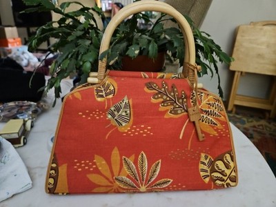 Vintage Fossil handbag, cane handle, terracotta/ tan, tropics