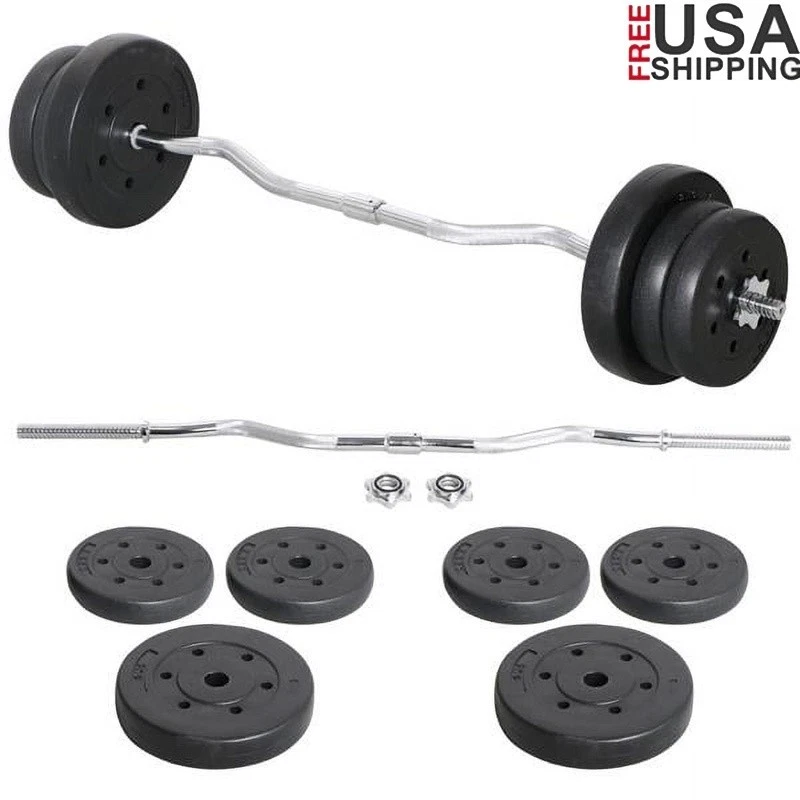 Adjustable Barbell Weight Set W/ Curl Bar & Plates Strength Training Home Gym US