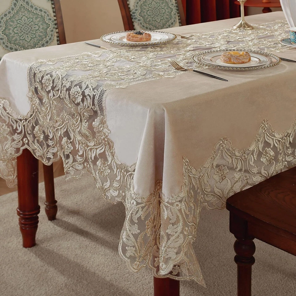 Vintage Embroidered Lace Tablecloth Square Rectangle Table Cover Wedding Party - Image 3 of 4